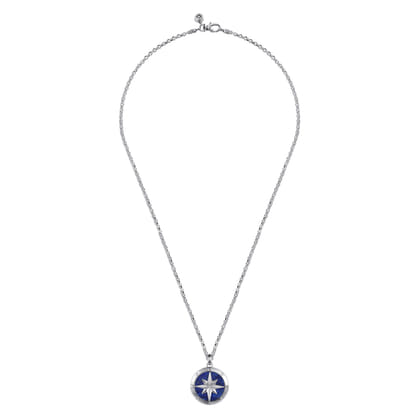 925 Sterling Silver Diamond and Lapis Compass Pendant Necklace 22 inch