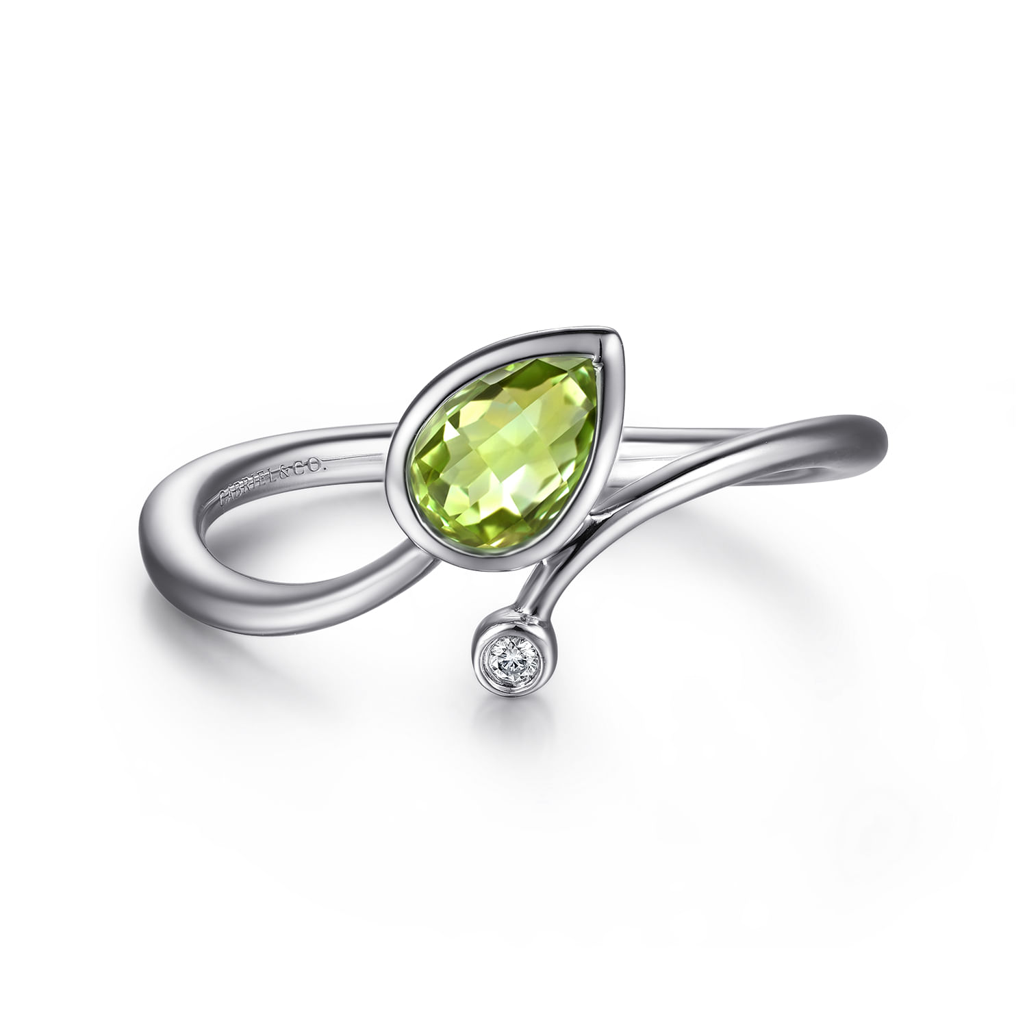 925 Sterling Silver Diamond and Peridot Teardrop Bypass Ring
