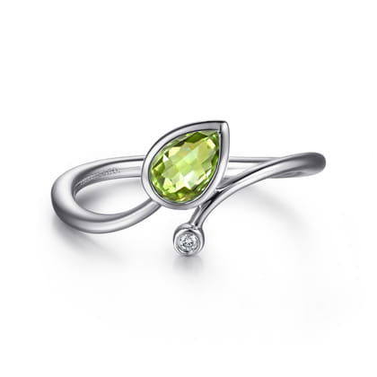 925 Sterling Silver Diamond and Peridot Teardrop Bypass Ring