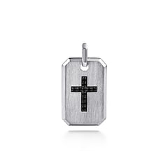 925 Sterling Silver Dog Tag Pendant with Black Spinel Cross