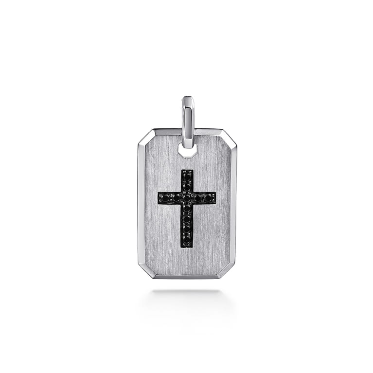 925 Sterling Silver Dog Tag Pendant with Black Spinel Cross - Shot 1