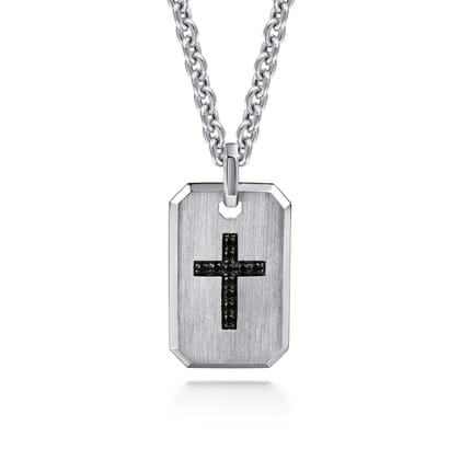 925 Sterling Silver Dog Tag Pendant with Black Spinel Cross