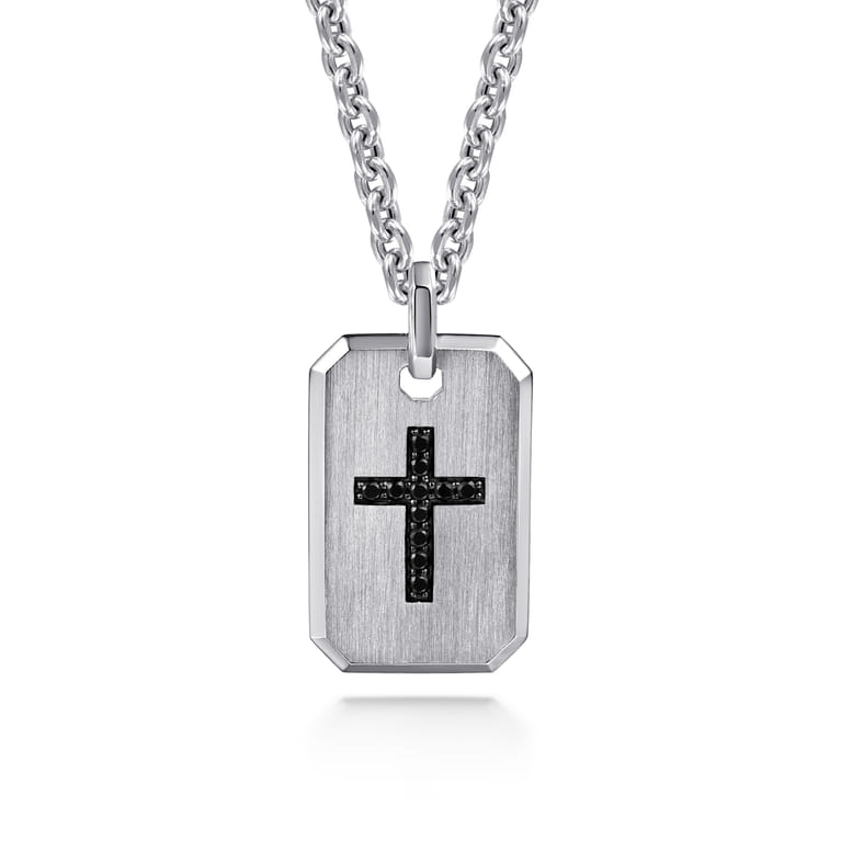 925 Sterling Silver Dog Tag Pendant with Black Spinel Cross - Shot 3