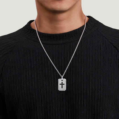 925 Sterling Silver Dog Tag Pendant with Black Spinel Cross