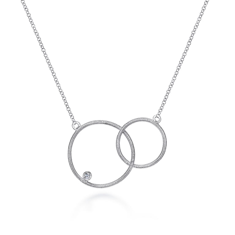 925 Sterling Silver Double Circle Diamond Pendant Necklace - 0.02 ct - Shot 1