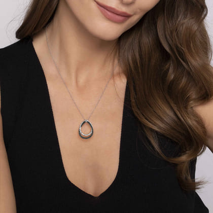 925 Sterling Silver Double Teardrop Black Spinel Pendant Necklace