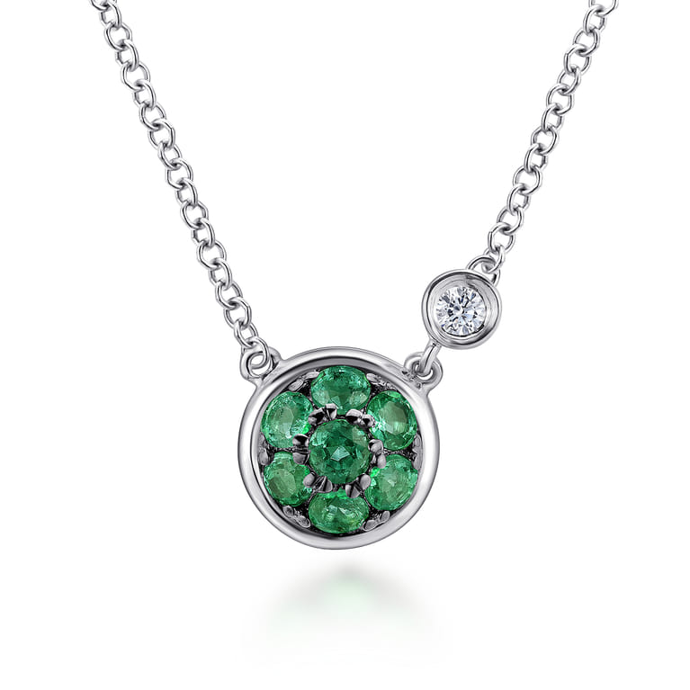 925 Sterling Silver Emerald Cluster And Diamond Pendant Necklace - 0.02 ct - Shot 1