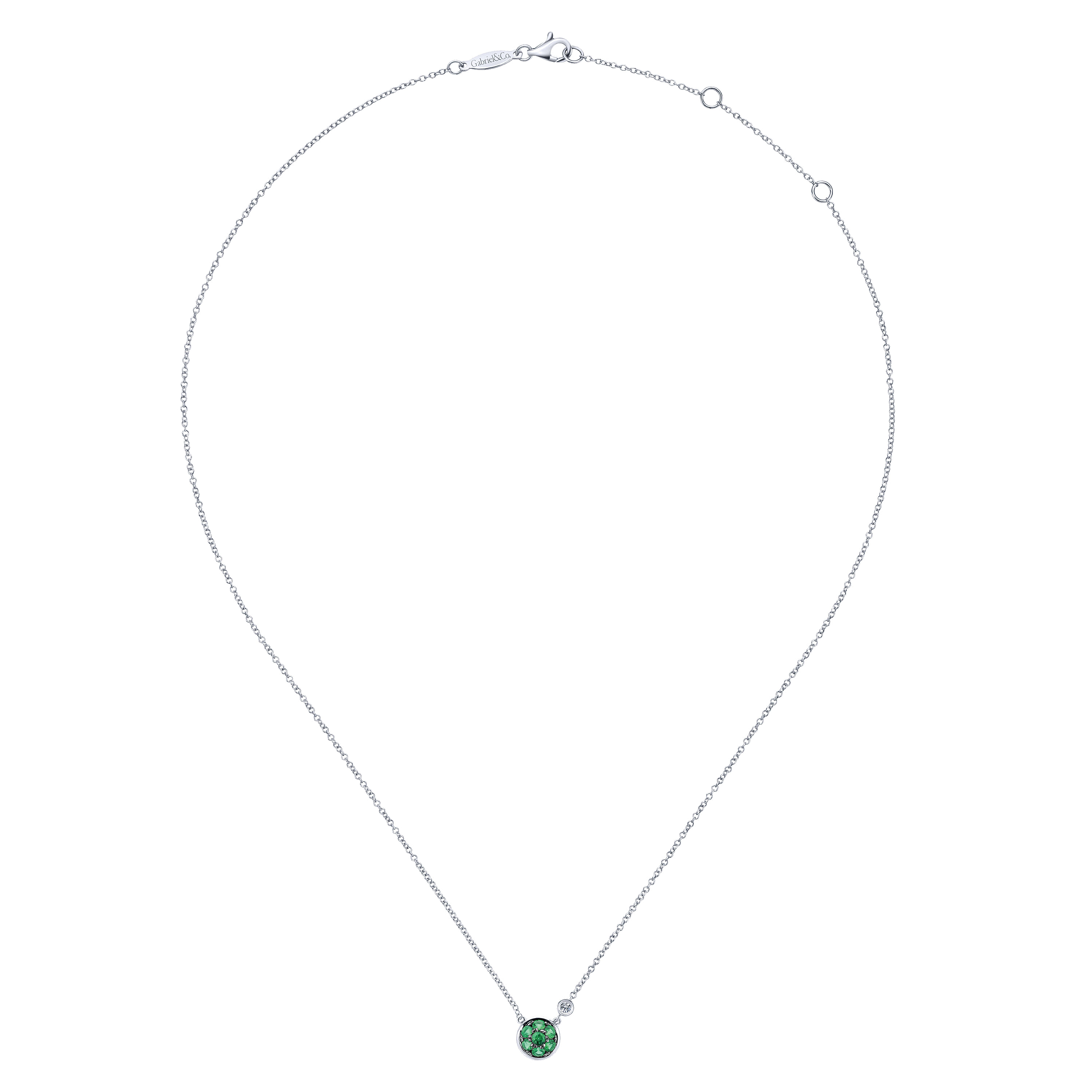 925 Sterling Silver Emerald Cluster And Diamond Pendant Necklace - 0.02 ct - Shot 2