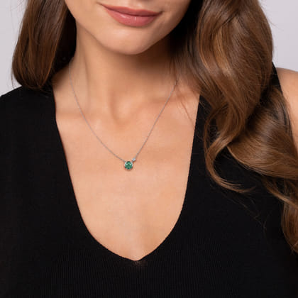 925 Sterling Silver Emerald Cluster And Diamond Pendant Necklace