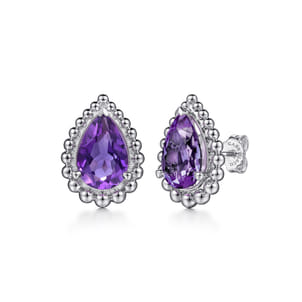 925 Sterling Silver Faceted Amethyst Pear Shape Bujukan Stud Earrings