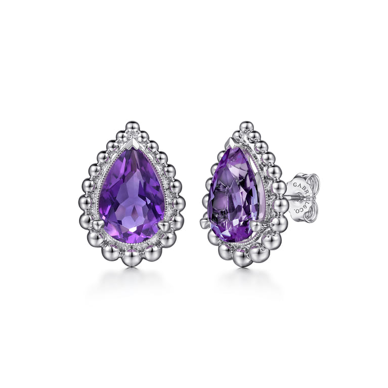 925 Sterling Silver Faceted Amethyst Pear Shape Bujukan Stud Earrings - Shot 1