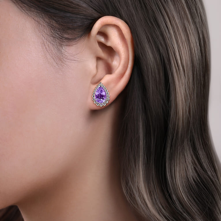 925 Sterling Silver Faceted Amethyst Pear Shape Bujukan Stud Earrings - Shot 2