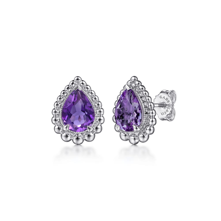 925 Sterling Silver Faceted Amethyst Pear Shape Bujukan Stud Earrings - Shot 1