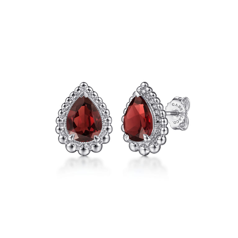 925 Sterling Silver Faceted Garnet Pear Shape Bujukan Stud Earrings - Shot 1