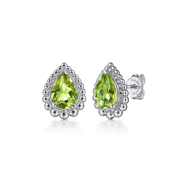 925 Sterling Silver Faceted Peridot Pear Shape Bujukan Stud Earrings - Shot 1