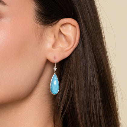 925 Sterling Silver Faceted Rock Crystal and Turquoise Fish Wire Teardrop Earrings