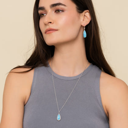 925 Sterling Silver Faceted Rock Crystal and Turquoise Fish Wire Teardrop Earrings