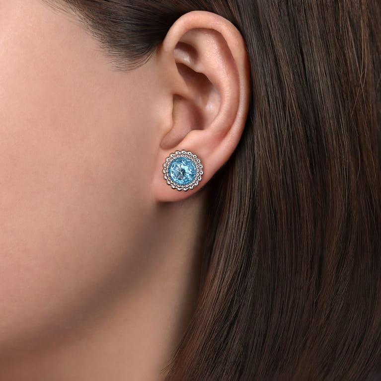 925 Sterling Silver Faceted Swiss Blue Topaz Bujukan Stud Earrings - Shot 2