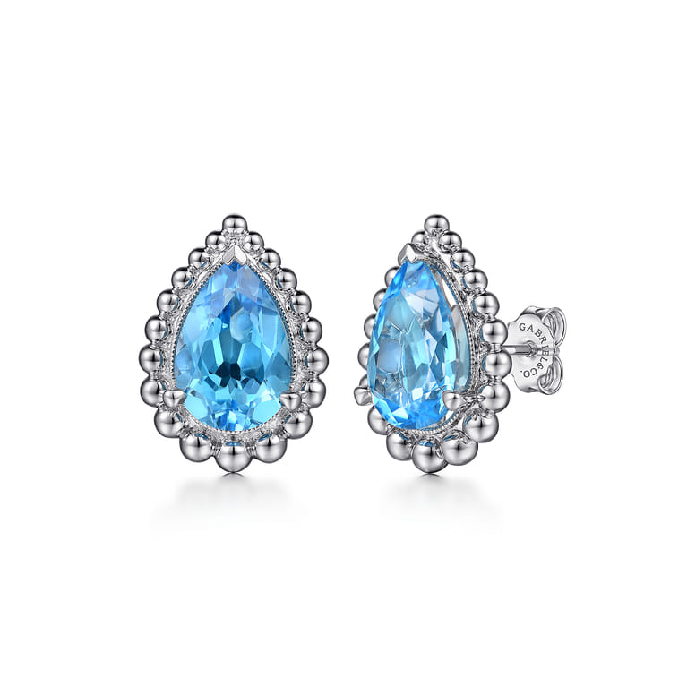 925 Sterling Silver Faceted Swiss Blue Topaz Pear Shape Bujukan Stud Earrings - Shot 1