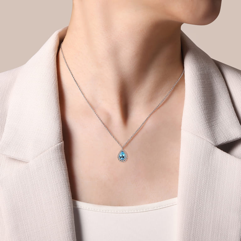 925 Sterling Silver Faceted Swiss Blue Topaz Teardrop Bujukan Necklace - Shot 3