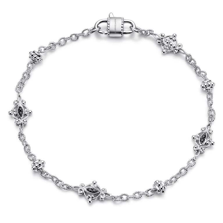 925 Sterling Silver Filigree and Black Spinel Station Bracelet - Shot 1