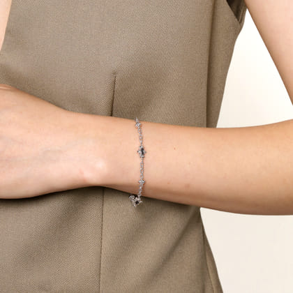 925 Sterling Silver Filigree and Black Spinel Station Bracelet