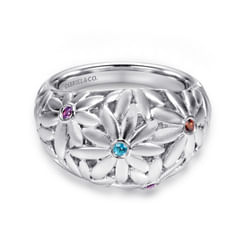 925 Sterling Silver Floral Blue Topaz and Garnet and Amethyst Ladies Ring