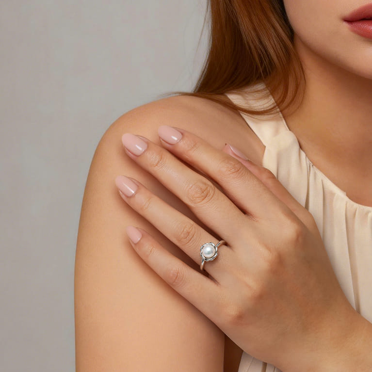 925 Sterling Silver Floral Cultured Pearl Ring - Shot 5