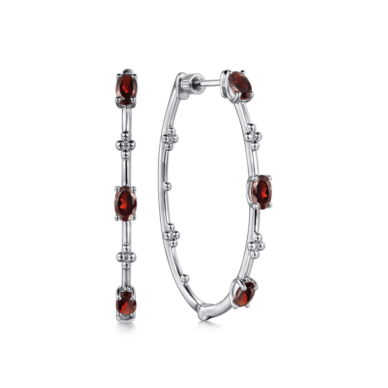 925 Sterling Silver Garnet Bujukan Classic 40mm Hoop Earrings - Shot 1