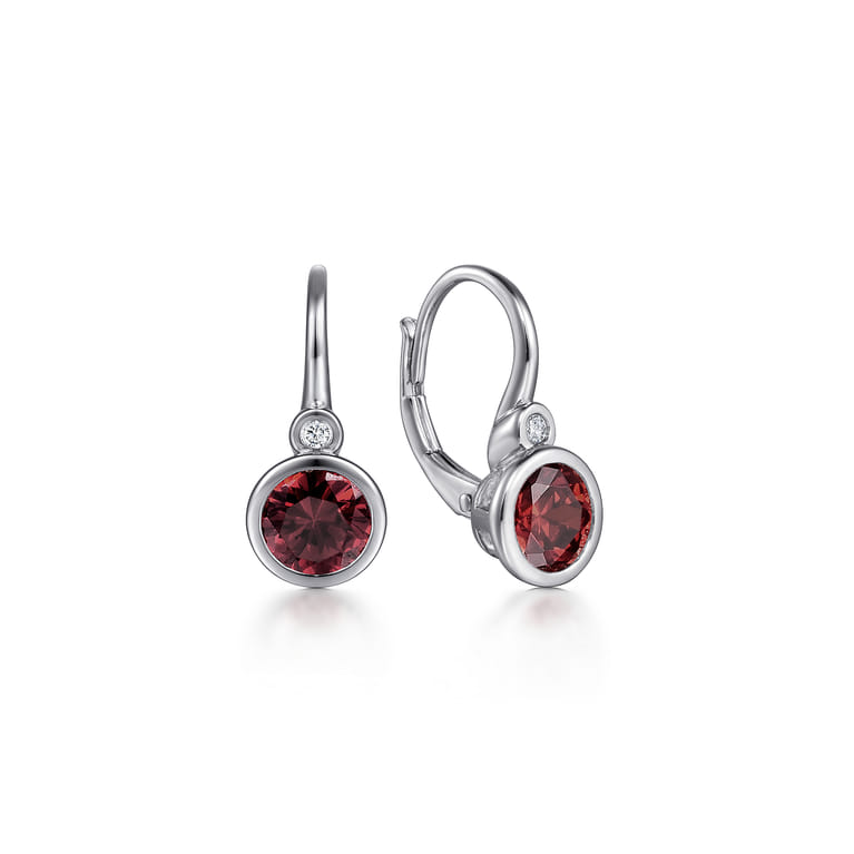 925 Sterling Silver Garnet and Diamond Leverback Earrings - 0.04 ct - Shot 1