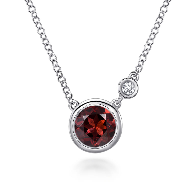 925 Sterling Silver Garnet and Diamond Pendant Necklace - 0.02 ct - Shot 1