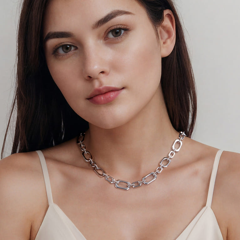 925 Sterling Silver Geometric Link Chain Necklace with Bujukan Connectors - Shot 4