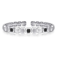 925 Sterling Silver Geometric Open Cuff Bracelet With Black Spinel Stations