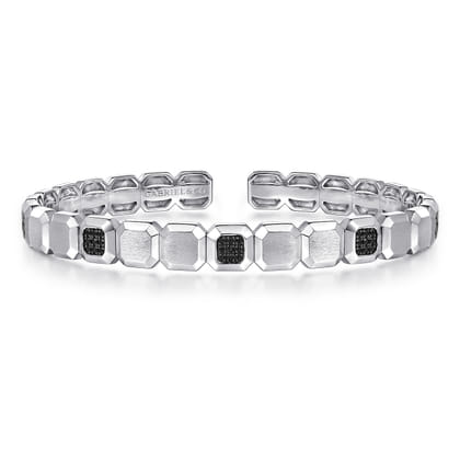 925 Sterling Silver Geometric Open Cuff Bracelet With Black Spinel Stations