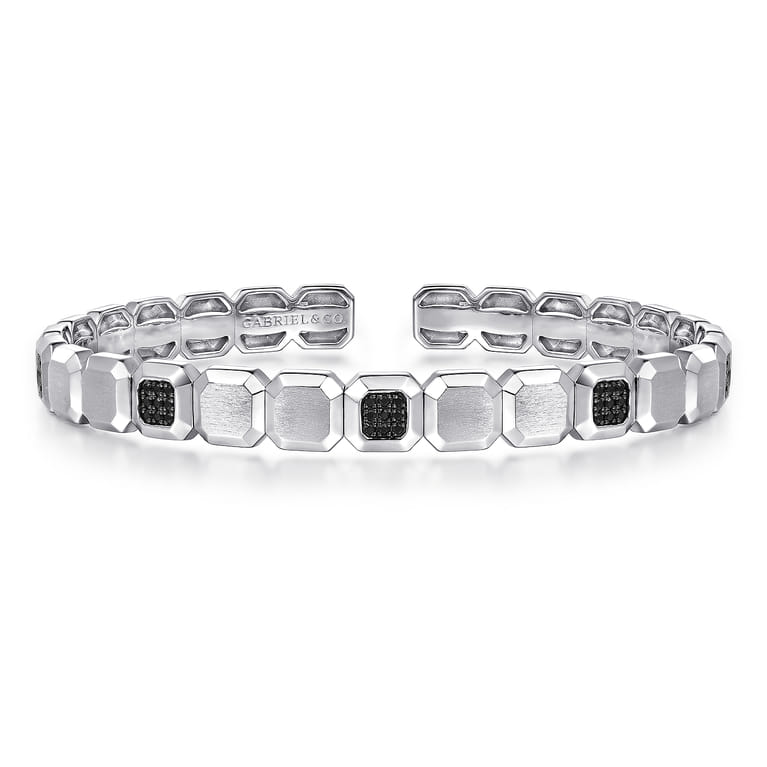 925 Sterling Silver Geometric Open Cuff Bracelet With Black Spinel Stations - Shot 1