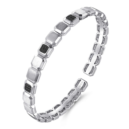 925 Sterling Silver Geometric Open Cuff Bracelet With Black Spinel Stations