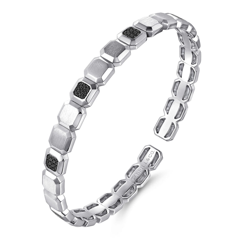 925 Sterling Silver Geometric Open Cuff Bracelet With Black Spinel Stations - Shot 2