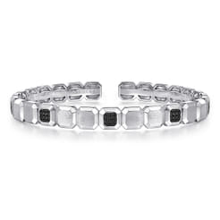 925 Sterling Silver Geometric Open Cuff Bracelet with Black Spinel Stations