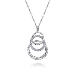 925 Sterling Silver Hammered Layered Circle White Sapphire Pendant Necklace