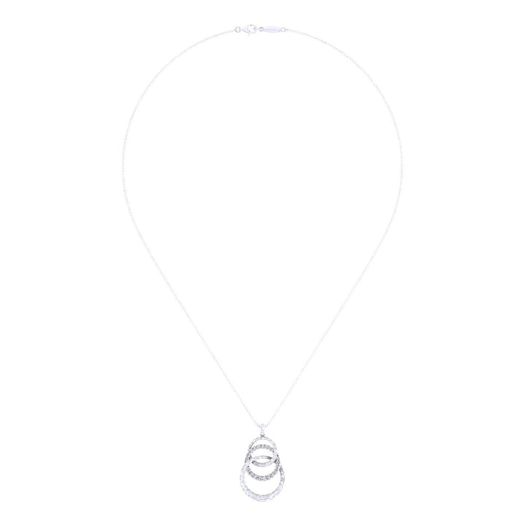 925 Sterling Silver Hammered Layered Circle White Sapphire Pendant Necklace