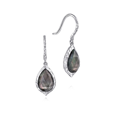 925 Sterling Silver Hammered Pear Shaped Rock Crystal Black MOP Drop Earrings