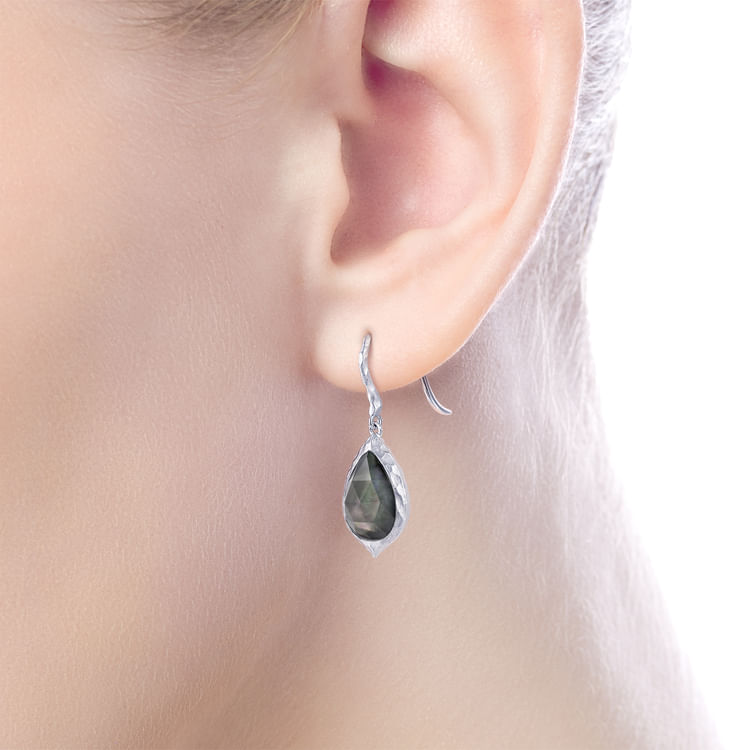 925 Sterling Silver Hammered Pear Shaped Rock Crystal Black MOP Drop Earrings