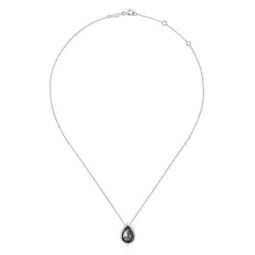 925 Sterling Silver Hammered Pear Shaped Rock Crystal Black MOP Pendant Necklace - Shot 2