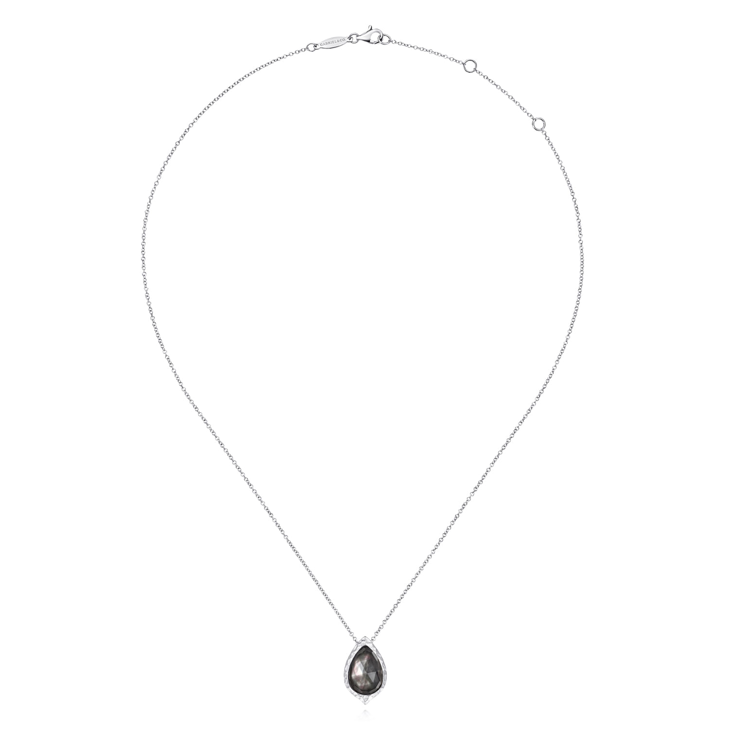 925 Sterling Silver Hammered Pear Shaped Rock Crystal Black