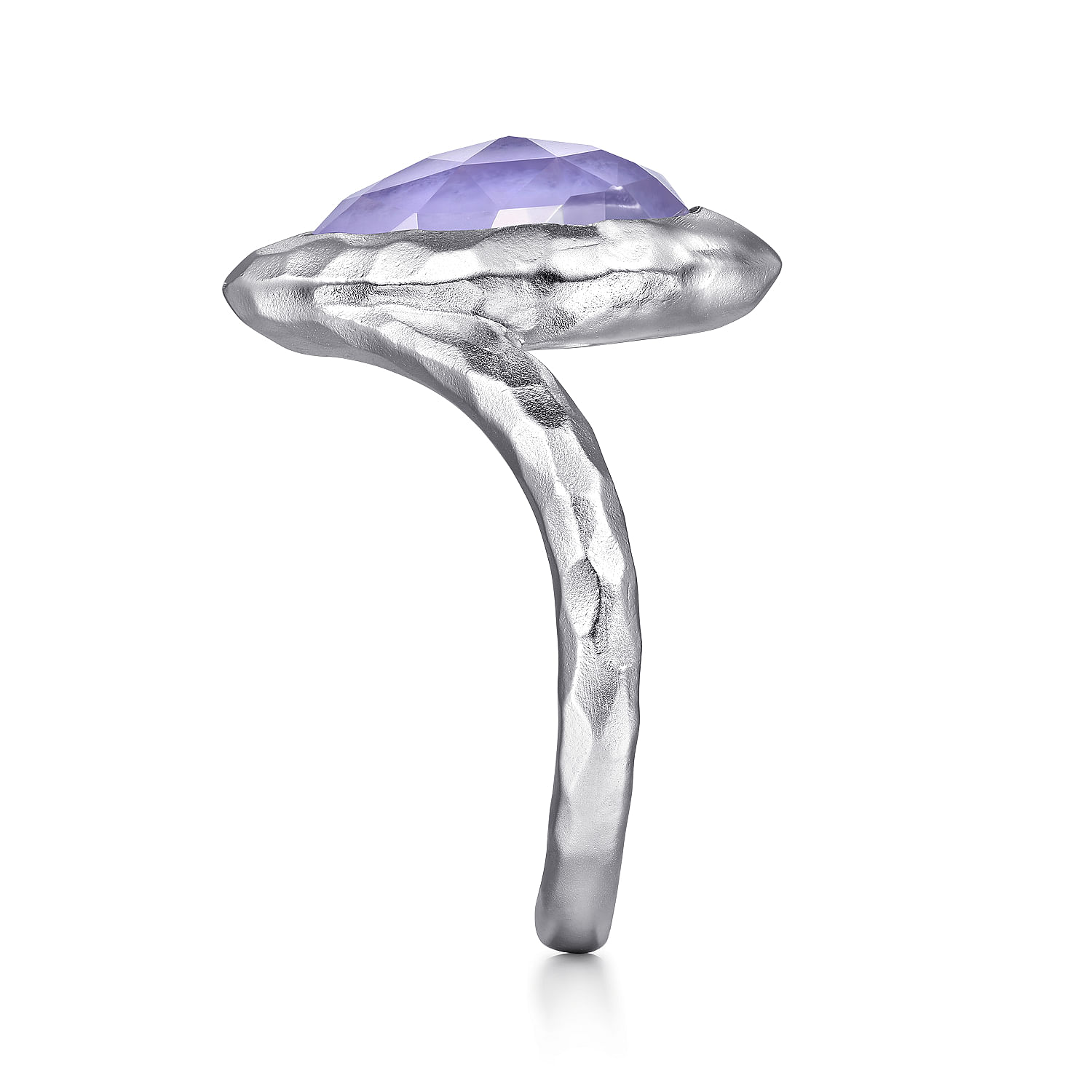 925 Sterling Silver Hammered Pear Shaped Rock Crystal and Purple Jade Chevron Ring - Shot 4