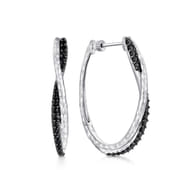 925 Sterling Silver Hammered Twisted 35mm Black Spinel Hoop Earrings