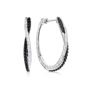 925 Sterling Silver Hammered Twisted 35mm Black Spinel Hoop Earrings