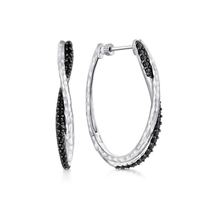 925 Sterling Silver Hammered Twisted 35mm Black Spinel Hoop Earrings
