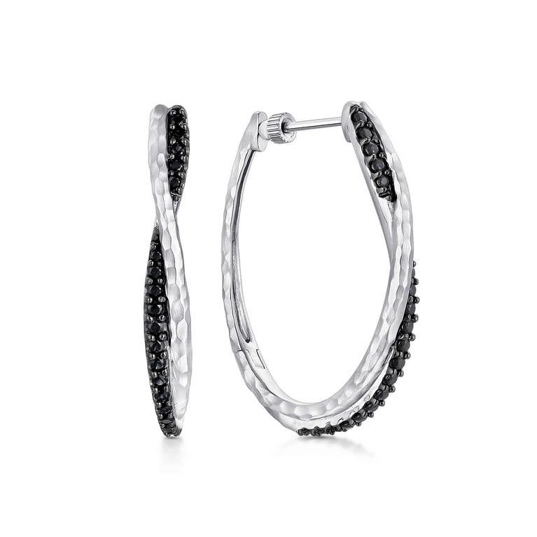 925 Sterling Silver Hammered Twisted 35mm Black Spinel Hoop Earrings - Shot 1