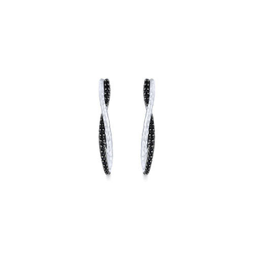 925 Sterling Silver Hammered Twisted 35mm Black Spinel Hoop Earrings - Shot 3
